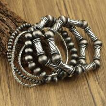 6pcs/Set Handmade Style Totem Carved Antique Silver Effect Bead Buttons Stackable Elastic Bracelets Set, Pattern Beads Multi-Piece Stretch Bracelet