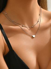 1pc Fashionable Double Layer Heart Shaped Stainless Steel Necklace, Women's Simple Work Accessory Valentines - Yellow Gold - View 3