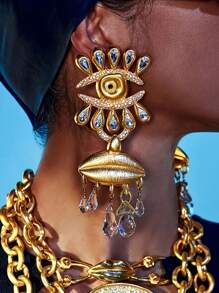 1 paire de boucles d'oreilles vintage punks à franges et forme d'yeux avec des strass, boucles d'oreilles œil flashy chic français convenant à un style personnel