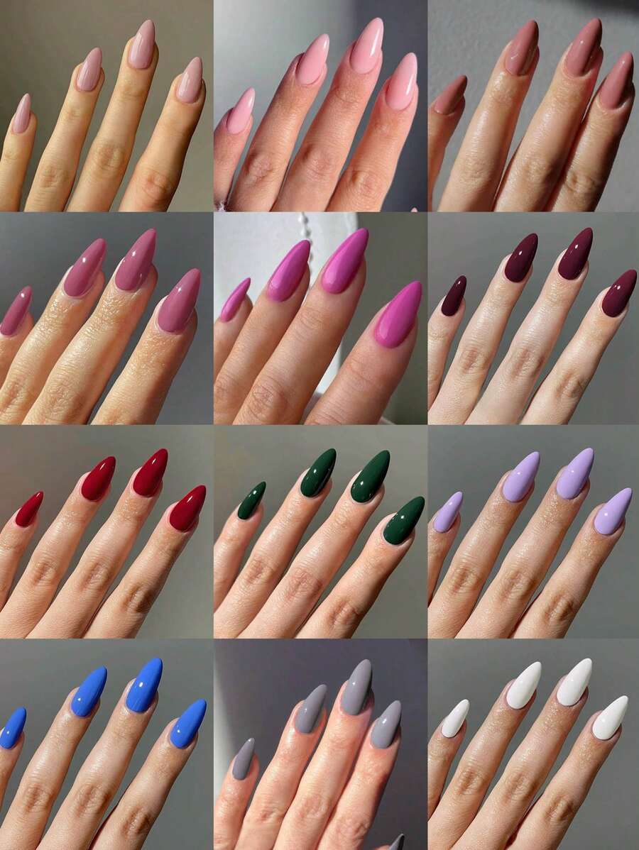 292片（12种不同款式）杏仁形亮面亚克力美甲贴纸，完美贴合，易于佩戴，有黑色、白色、红色、蓝色、粉色可选，适合女性日常工作、派对及其他场合的美甲用品。