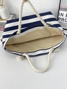 1 chiếc túi vải tote kẻ sọc thời trang dành cho nữ có quai xách bằng dây thừng, túi đeo vai dung tích lớn, thiết kế hở phía trên, không lót, thích hợp cho trường học, du lịch và mua sắm - Màu xanh hải quân - Xem 9