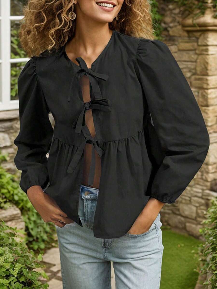 Tooluck Women's Bow Tie Casual Shirt - màu đen - Xem 1