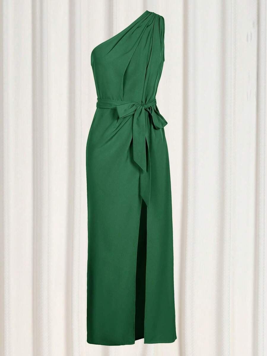 Women's Side Slit One-Shoulder Elongated Evening Dresses Have Belts - Dark Green - View 1