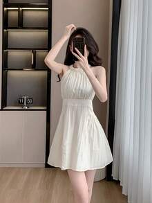 RUIWY Chiffon Apricot Color Waisted Slimming Comfortable Breathable Elegant Fashion Lady Dress, Sleeveless Short Design With Big Bow Back, Suitable For Spring And Summer