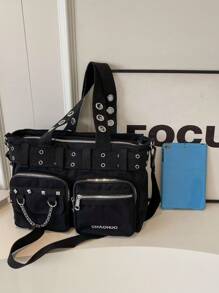 1 件女士纯色手提包，带铆钉装饰的拉链口袋，简约时尚 - 黑色 - 查看 4