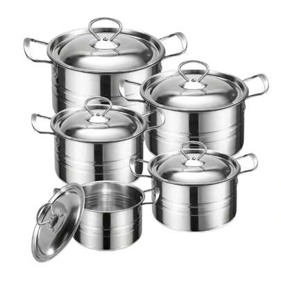 Batería de Cocina de Acero Inoxidable de 5 Piezas, Batería de Cocina de Acero Inoxidable de Doble Asa, Batería de Cocina con Tapa, Placa de Inducción, Olla de acero inoxidable ﻿