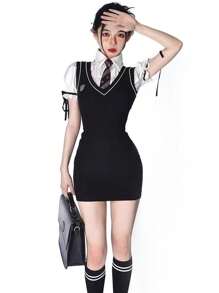 1pc Sweet & Fresh Retro Academic Style JK Uniform Dress Set, Suitable For Pure Aesthetic & Sexy Look, Slim Waist & Bodycon, Great For Graduate Photo Shoot, Student Style Halloween - Black - View 5