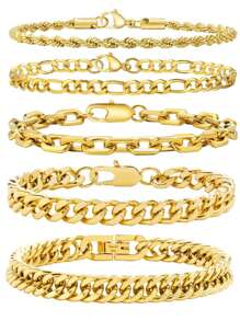 1/5pcs Stainless Steel Minimalist Lobster Clasp Chain Bracelets, Suitable For Men's Daily Wear And Holiday Gift Set - Gold - View 1