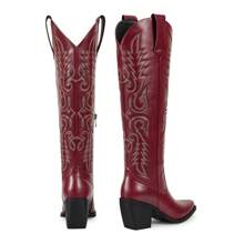 Cowboy Boots For Women Embroidered Knee High Cowgirl Boots Womens Retro Western Boots Pull On Tall Boots With Chunky Heel Pointed Toe