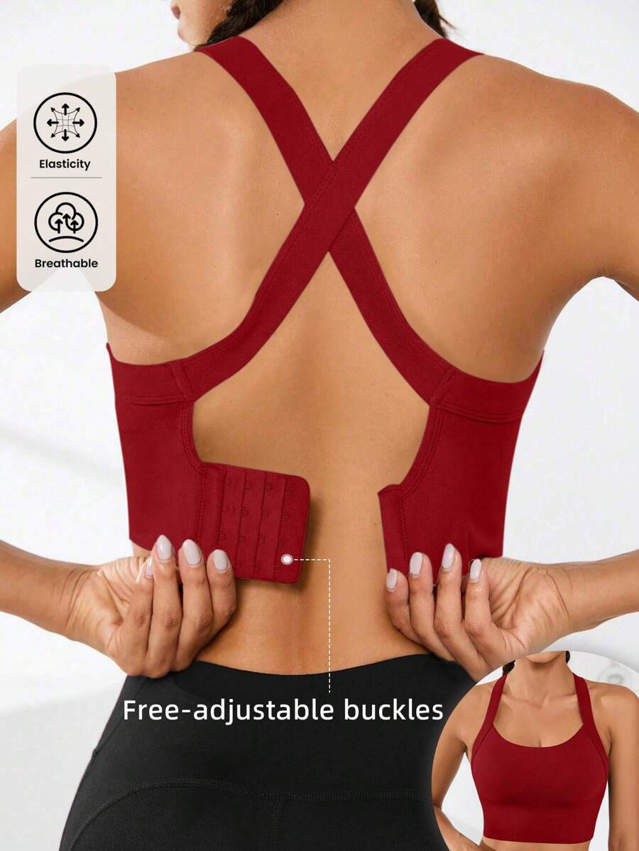 Seamless High-Elasticity And High-Support Sports Bra,Women Underwear Detachable Chest Pad With Cross-Strap Design,Women's Fitness Solid Color Simple Yoga Bra,Women Soft And Comfortable Sports Tops ,Multi-Color Options (Black/Brown/Blue/Hot Pink/Gray/Red) - Màu Đỏ Sâu - Xem 1