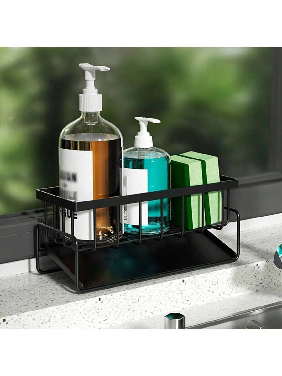 1 pieza Organizador de cocina, rejilla de drenaje para fregadero, soporte para esponja de encimera, estante de almacenamiento para dispensador de jabón y detergente - Negro - Ver 1