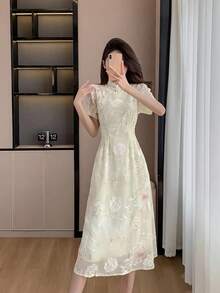 RUIWY 春夏女式优雅旗袍设计蕾丝刺绣修身喇叭长裙，修身高挑 - 杏色 - 查看 5