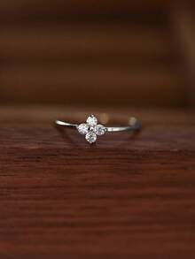 GAGAFEEL 1 Pc Delicate Elegant S925 Sterling Silver Flower Zirconia Ring Four-Leaf Clover Rings For Girl/Women/Girlfriend/Mother Retro Party Dating Gift Daily Wear Birthday Gift
