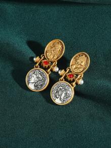 Vintage Tarnished Copper-18K Gold Plated Antique Coin Cameo Portrait Earrings With Faux Agate & Glass Crystal Beads