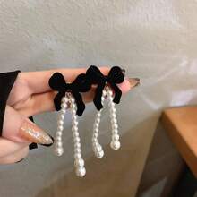 1pc New Vintage Hong Kong Style Wine Red Flocked Bow S925 Silver Needle Earring, 2-In-1 Pearl Earring For Autumn/Winter