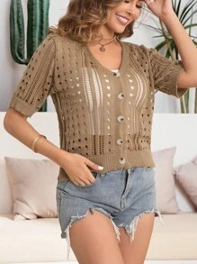 Women Solid Color Simple Casual Hollow Out Short Sleeve Cardigan