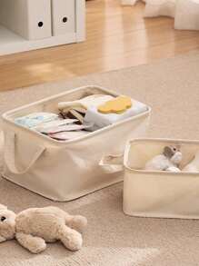 1pc Foldable Large Capacity Canvas Storage Basket, Washable Multi-Functional Collapsible Laundry Basket For Home Bedroom Bathroom, Fit For Clothes, Toys, Books, Snack Storage - Beige - View 1