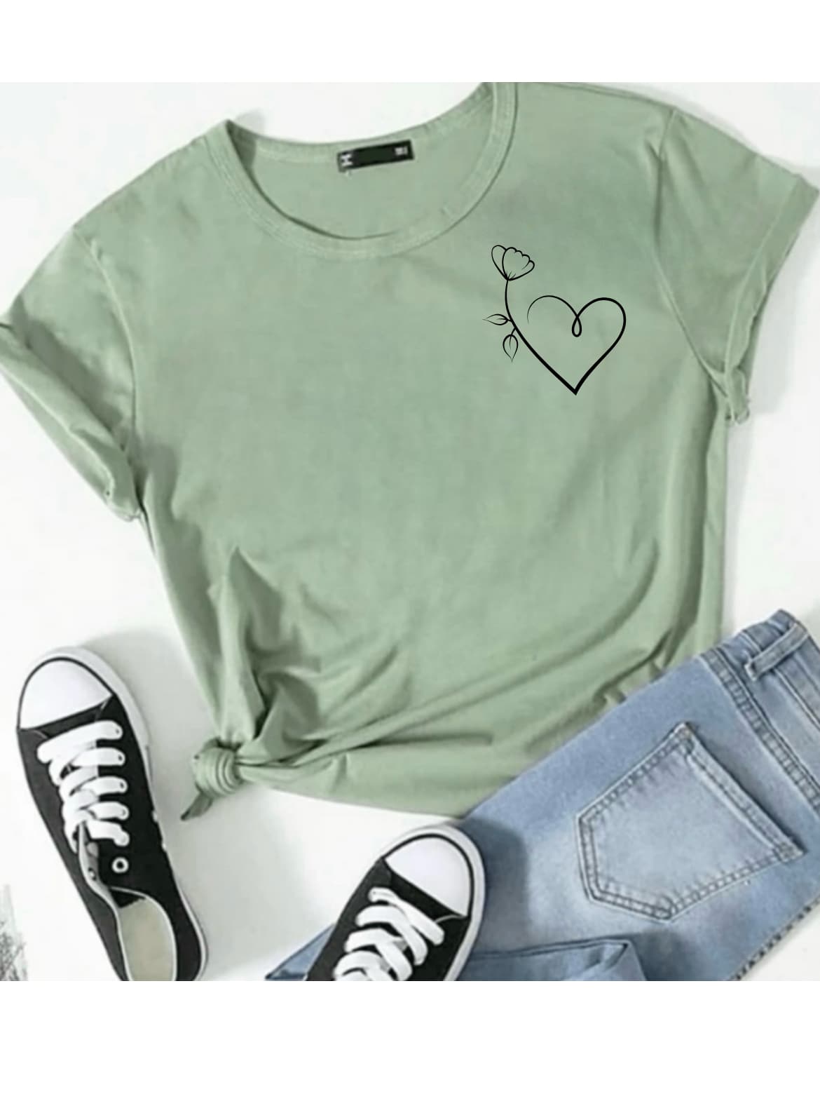 Women's T-Shirt Heart And Flower Minimalist Printed Cotton Blouse - Army Green - View 1
