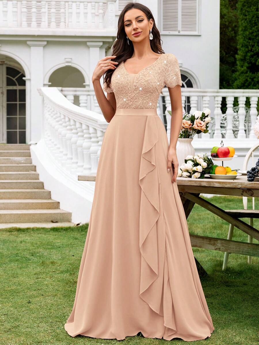 MIUSOL Vestido de fiesta maxi de gasa con cuello en V profundo, encaje con lentejuelas en contraste y volantes, apropiado para invitados de boda, ceremonia de graduación, cena de gala y otras ocasiones formales