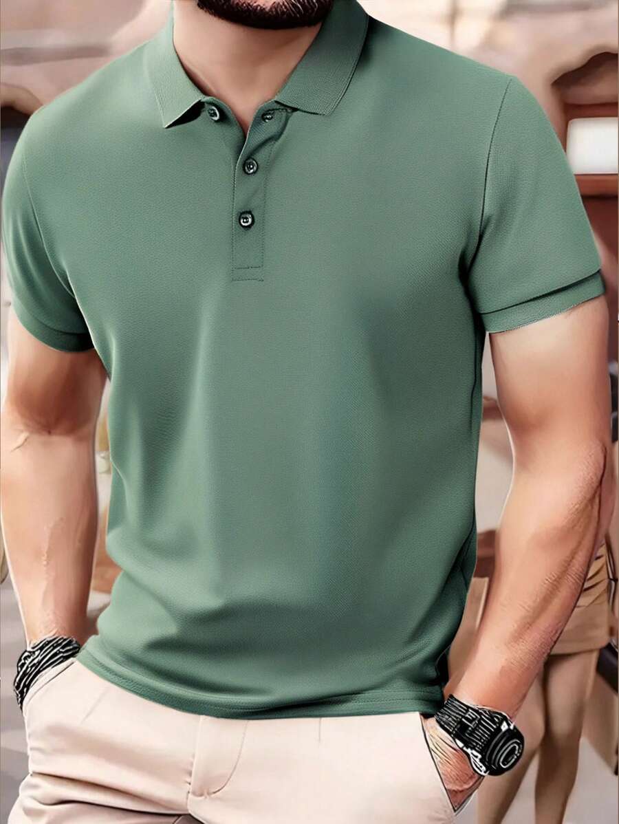 1pc Men's Breathable Quick-Dry Soft Workout Gym Running Polo Collar Sports Short Sleeve T-Shirt - 綠色 - 查看 1
