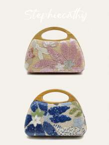 STEPHIECATHY Women's Fashion Wood Handle Straw Woven Handbag Luxury Random Floral Pattern Sequined Top-Handle Clutch Bag Magnet Closure Long Chain Purse Elegant Portable Date Wedding Vacation Summer Travel, Perfectly Matching With Vacation Outfits Women