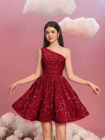 Teen Girls' Elegant One-Shoulder A-Line Sequin Teen Formal Dress | School Formal Events, Graduation Galas, Wedding Guest Outfits