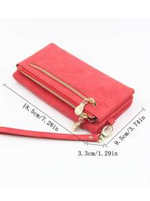 A Red Double Zipper Long Purse European And American Vintage Frosted Multi-Card Folding Large Capacity Expandable Mobile Phone Integrated Wallet Party Gifts High Texture PU Mobile Phone Long Ticket Holder Convenient Daily Travel Clutch Bag