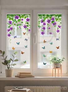 1 pieza Etiqueta autoadhesiva para ventana con patrón de flores silvestres y mariposas de colores, decoración de cristal, póster decorativo, decoración para habitación de niños/ventana del patio, calcomanía de pared de PVC removible
