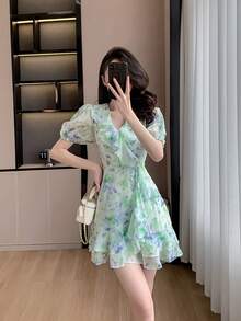 RUIWY 女式蓝色碎花雪纺短袖 V 领荷叶边下摆松紧腰修身连衣裙，春夏 - 藍色 - 查看 6