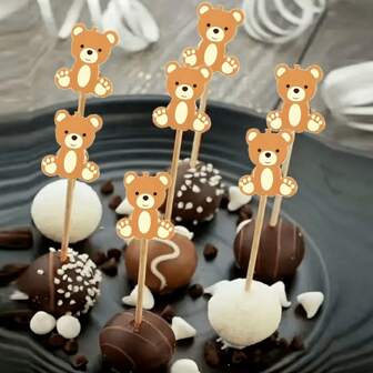 A Set Cute Bear Cake Picks, Assorted Sizes, Wooden Toothpick Decorations For Gender Reveal, Birthday Party, Wedding, Home Kitchen Party Supplies, No Feather, Universal Holiday Use Bridal Shower Oh Baby Sign Baby Boy Baby Shower