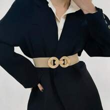 1pc 2025 New Coffee-Colored Women's Fashion Elastic Waistband Wide Double Buckle Belt, Tight Fit Versatile Accessory For Beach, Boho, Party, Cute, Sexy, Elegant - Multicolor - View 11