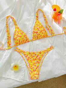 New Soft Ditsy Floral Shell Pendant Adjustable Halter Bikini Set, Summer Beach Fashion Swimwear For Ladies