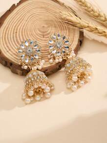 1 Paar luxuriöse Glocken Ohrringe, elegante Boho Kunstperle, Strass Blumen Dekor Schmuck, geeignet für täglichen Gebrauch und Partytragen, Hochzeitsaccessoires