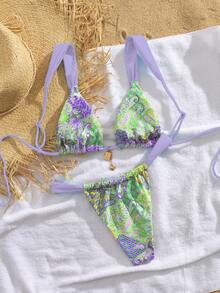 PEPPERMOLLY New Adjustable Strap Printed Tie-Up Elegant Party Bikini Set, Women Fashion Swimwear For Beach Day