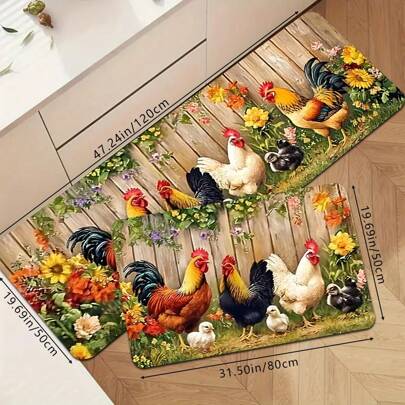 1pc Rustic Farmhouse Multi-Color Rooster Print Floor Mat, Soft Absorbent Anti-Slip Dirt-Resistant Kitchen Rug, Holiday Decor Entrance Doorway Mat, Rectangular Low-Pile Decorative Carpet For Living Room, Bedroom, Kitchen