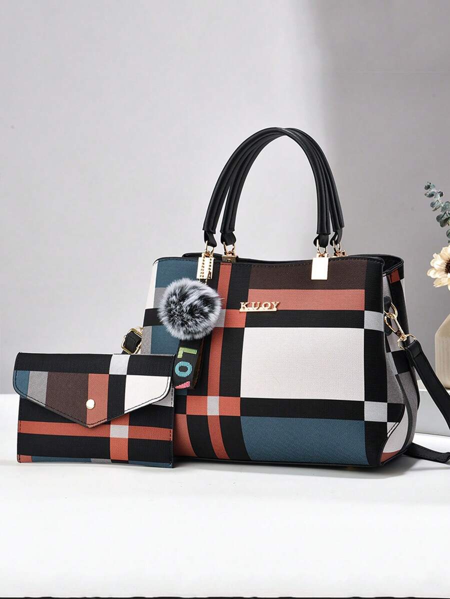 New Minimalist Women Handbag Set, Plaid Pattern Classic Elegant High-End Fashion Casual Tote, Suitable For All Seasons, Large Capacity Shoulder & Crossbody Bag - Black - View 1