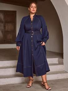 Simplee 大码女式春夏新款牛仔效果纯色明线前扣长袖束腰连衣裙，优雅西式、办公室、复古风 - 查看 1