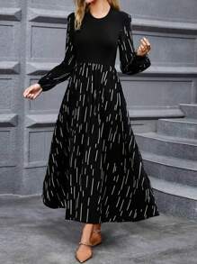 Vestido tipo suéter de manga larga con cuello alto para mujer,manga farol y estampado de rayas, Vestido largo de mujer elegante con estampado de lunares - Negro - Ver 5