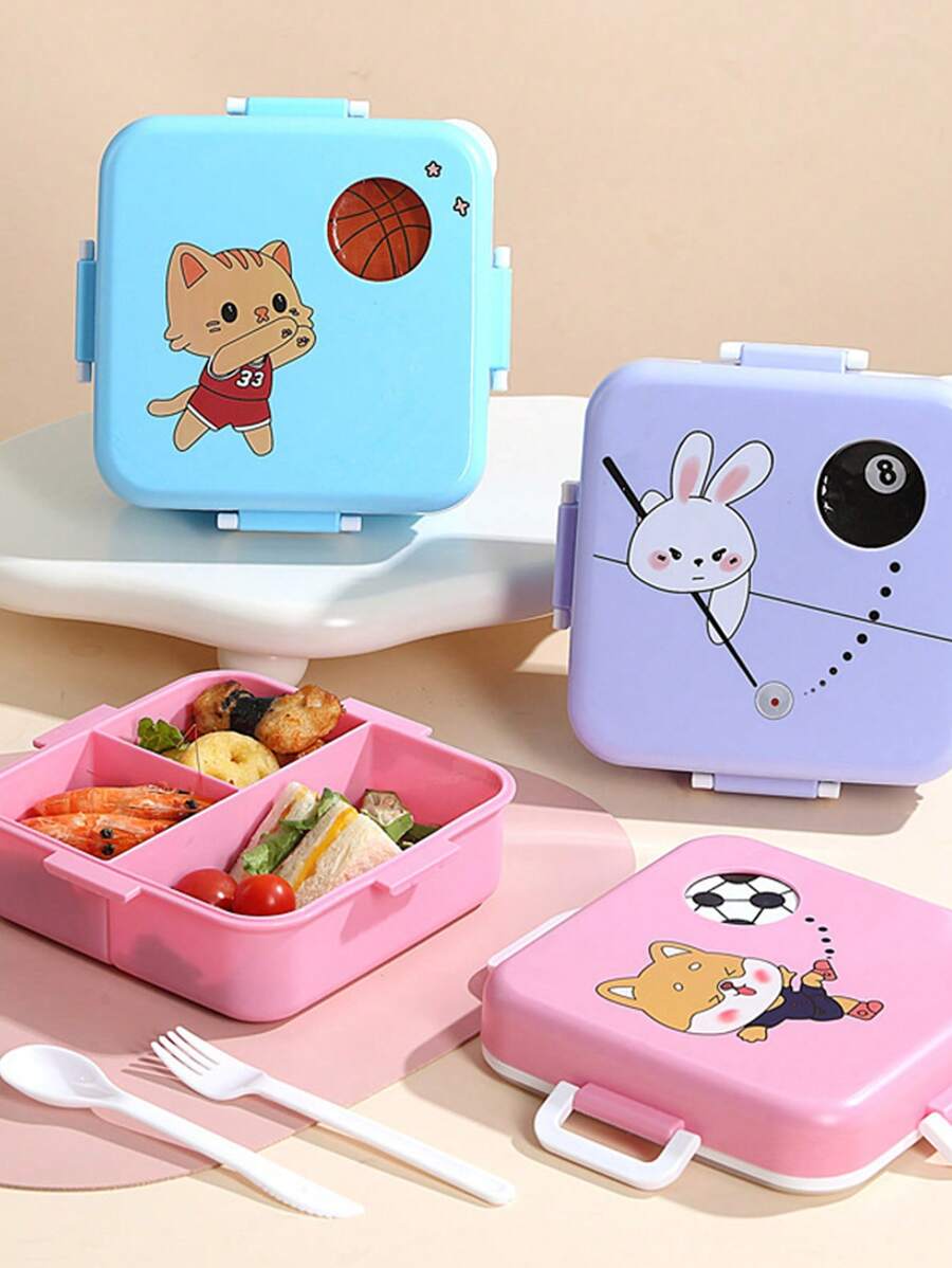Yocity 1pc Cartoon Square Grid Lunch Box With Microwave Function, Featuring Ball Patterns, Lunch Box, Travel Fruit Salad Mini Lunch Box - Multicolor - View 1