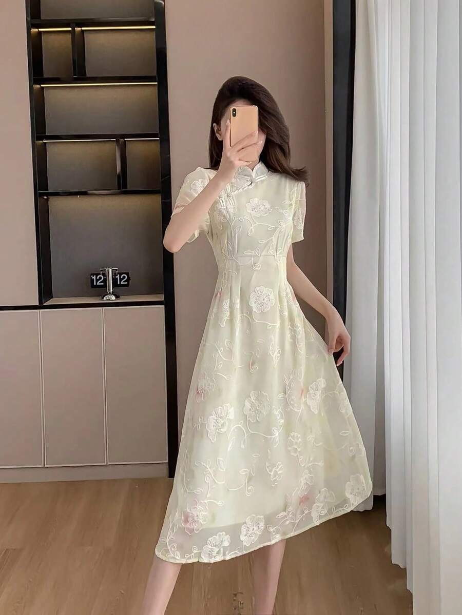 RUIWY 春夏女式优雅旗袍设计蕾丝刺绣修身喇叭长裙，修身高挑 - 杏色 - 查看 1