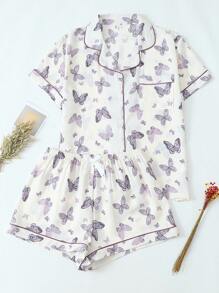 [Elegant Fields]2pcs Butterfly Print Collared Single-Breasted Short Sleeve Top With Pockets & Bowknot Shorts Pajama Set, Comfortable For Home Wear, Spring/Summer - White - View 1