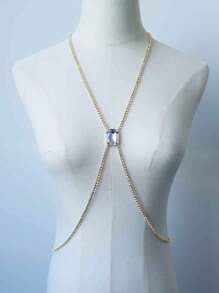 1pc White Rhinestone Square Pendant Necklace, Sexy Minimalist Body Chain For Women, Suitable For Beach Party And Bikini - Gold - View 2