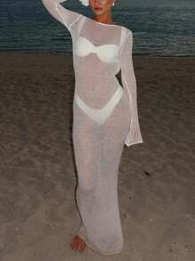 Women Vintage Y2k Lace Maxi Dress Long Sleeve See Through Mesh Bodycon Dress Floral Lace Maxi Long Slip - 白色 - 查看 6