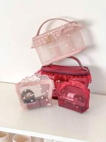 1Pc/Set Pink Ruffle Lace Heart Embroidery Mesh Multi-Functional Cosmetic Organizer Wallet Pouch Portable Cosmetics Brush Storage Clutch With Zipper Closure For Lipstick, Brush, Skincare, Mobile Phone, Coin, Small Items, For Home, Travel, Vacation And School Use