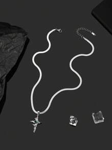 1pc Stainless Steel Cross & Coiled Snake Pendant Necklace, Rhinestone Embellished, Men's Vintage Style