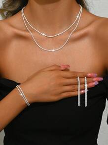 1set Elegant Glitter Collarbrone Necklace, Earrings, And Bracelet Jewelry Set, Suitable For Women To Wear In Daily Life, Wedding, Banquet And Party