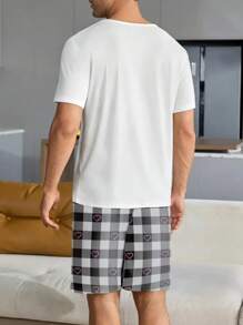 Set de lenjerie de dormit cu mâneci scurte cu imprimeu cu săgeată, cu literă, cu inimă, pentru bărbați, țesătură subțire de vară