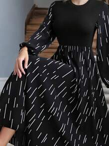 Vestido tipo suéter de manga larga con cuello alto para mujer,manga farol y estampado de rayas, Vestido largo de mujer elegante con estampado de lunares - Negro - Ver 3