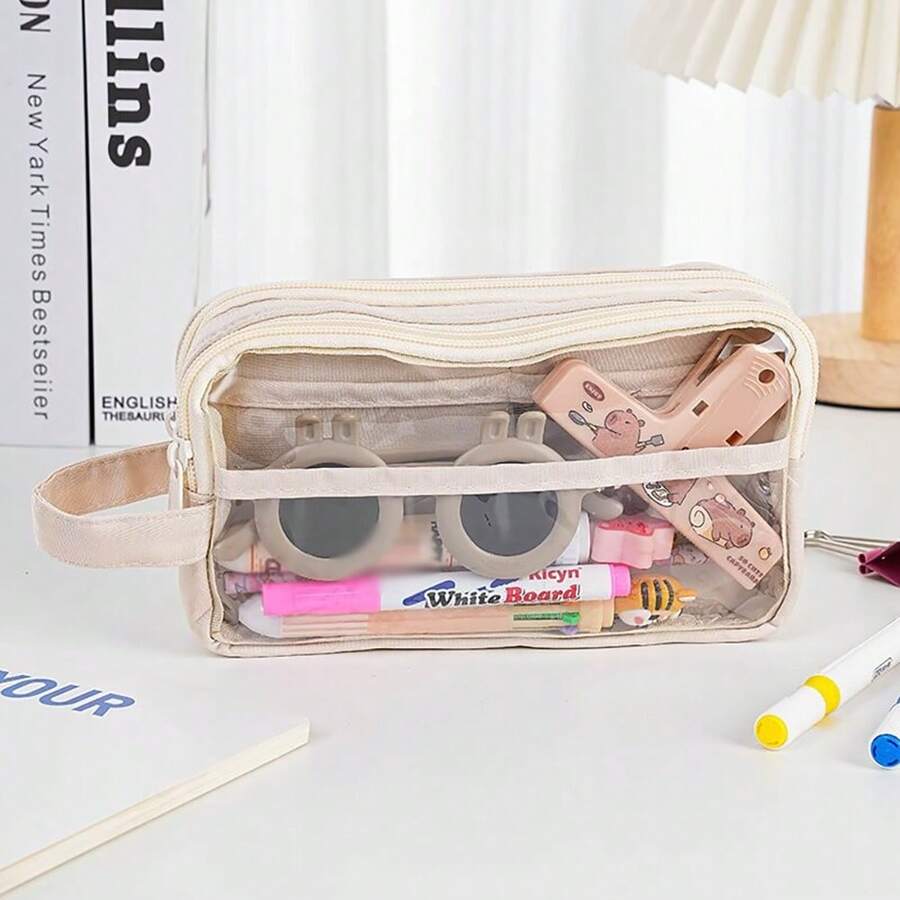 1 pieza Estuche para lápices transparente de gran capacidad de 5 capas con diseño de panda, bolsa para lápices extra grande con doble cremallera anti-suciedad, estuche de papelería para estudiantes, útiles escolares, caja de lápices, estuche de lápices, mochila