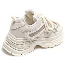 Fashionable Casual Versatile Rhinestone Thick Sole Sneakers - Beige - View 4